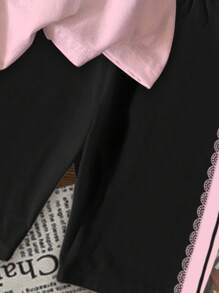 SHEIN 2pcs/Set Girl's Casual Lace Bow Decor Numeric 23 Print Short Sleeve Top And Shorts Set, Pink, Summer Outfit - Multicolor - View 6