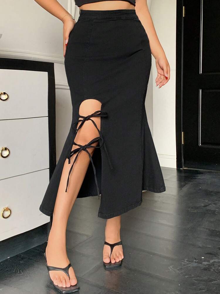 Dazy Plus Plus Size Solid Color Slit Maxi Denim Skirt Wrap Style, Suitable For All Seasons Jeans Skirt