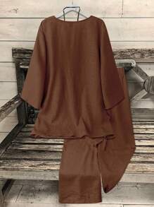 Omancia 2pcs/Set Women's V-Neck Coconut Button Decor 3/4 Sleeve Top + Solid Color Straight Leg Pants Casual Commuting Outfit - Brown - View 2