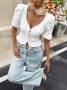 SHEIN Essnce Women's Solid Color Lace Up V-Neck Short Sleeve Shirt, Summer - White - View 3
