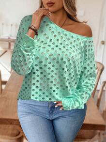 EMERY ROSE Plus Size Women Hollow Out Round Neck Casual Long Sleeve Pullover Top