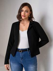 Chikora Plus Lapel Neck Open Front Blazer Graduation,Back To School,Teacher Outfits For Women - Black - View 3