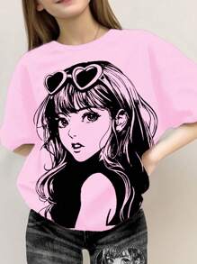 SHEIN Leap Crew 青少年女孩休闲简约短袖上衣和裤子两件套，适合夏季