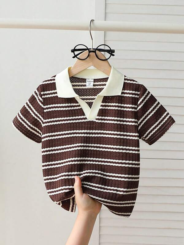 SHEIN 1 Stück Polo Shirt im College-Stil für Kleine Jungen, mit Waffel-Streifenmuster und Jacquard Muster, kurzärmlig