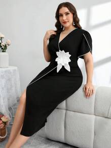 Modelyn 大码女式束腰V领优雅紧身连衣裙 - 黑色 - 查看 3