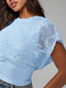 MISSGUIDED Floral Lace Cap Sleeve Form Fitting Summer Top Cinched Waist Blouse Special Occasion Party Cocktail Evening Wear Formal Office