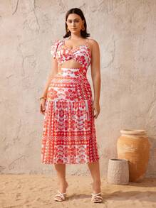 Swim Oasis 加大码女式二合一花卉印花连体泳衣，带长裙，时尚休闲度假沙滩装伊比沙岛服装