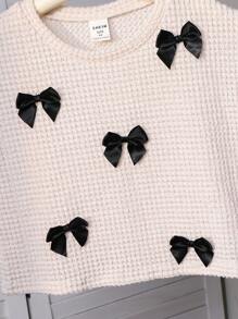 SHEIN Young Girl Solid Color Crew Neck Bow Decor Casual T-Shirt - White - View 3