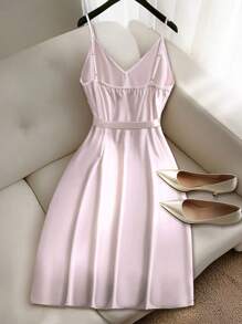 Franclia Vestido corto elegante de línea A con escote en V y tirantes de espagueti, versátil - Rosa - Ver 2