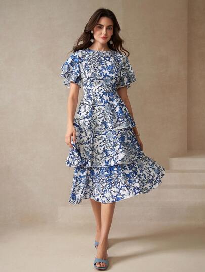 Amorya Vestido Floral Con Dobladillo A Capas Y Mangas De Mariposa