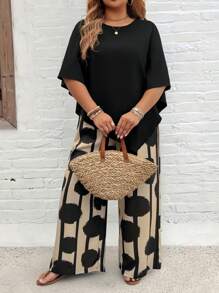 EMERY ROSE Plus Size Solid Color Round Neck Short Sleeve Top And All Over Print Pants Set - Multicolor - View 1