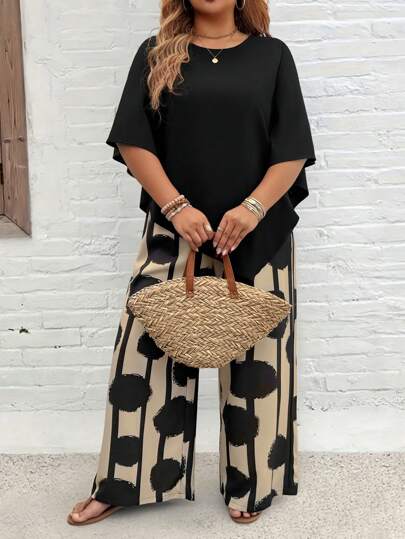 EMERY ROSE Plus Size Solid Color Round Neck Short Sleeve Top And All Over Print Pants Set