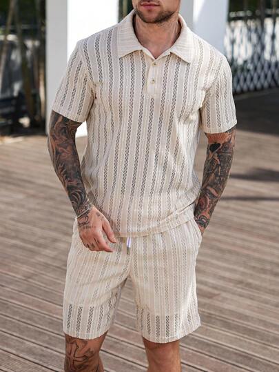 Manfinity CasualCool Men's Summer Jacquard Polo Shirt And Drawstring Shorts Set, Men Solid Polo Shirt & Drawstring Waist Shorts, Suitable For Daily Leisure, Beach Vacation, And A Great Gift For Your Husband Or Boyfriend, Men's Knit Textured Short Sleeve Polo Shirt And Pants Set Men Clothes Men T Shirt Co Ords Men 2 Pieces Sets Men Clothing Men T Shirt Co Ords Men 2 Pieces Outfit Casual Two Pieces Set Men Men Summer Clothes Set