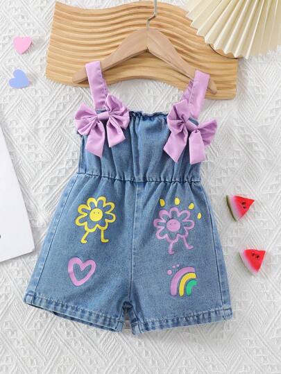 SHEIN Playful Pals Baby Girl Fashion Contrast Color Strap Bowknot Romper Baby Girls Clothing Overalls Baby Girls Clothing Denim
