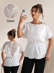 SHEIN Clasi Camisa de verano elegante de talla grande con unicolor, parche de encaje, cuello redondo y mangas tipo murciélago para mujeres - Blanco - Ver 7