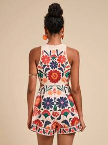 Travachic Woven Print Waist Cutout Off Shoulder Romper For Women,Summer Outfits For Women,Beachwear,Spring And Summer,Easter,Beach Outfits For Woman,Spring Break,Vacation Outfits Women,Concert Outfit Women,BOHO,Bohemia,Music Festival,Tropical Vacation Woman Clothes,Hot Selling Prints,4th Of July Outfits,Holiday Outfits - Khaki - View 2