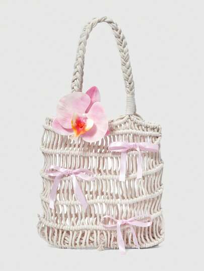 Kawaii 1 pezzo Borsa da spiaggia bohémien intrecciata con decorazioni a conchiglia, coda di pesce e fiori tropicali, borsa estiva da donna per vacanze