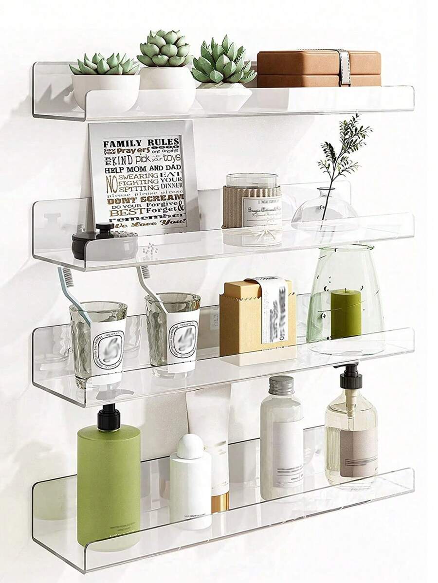 1pc Acrylic Storage Shelf Wall Decor, Wall Storage Hanger Racks, Display Cabinet,Stationery Storage, Multi-Purpose Storage Rack,Floating Shelves For Girls Toys,Doll, Photo Frame, Display Shelf Organizer For Bathroom, Bedroom, Living Room Decor, Kitchen Decor, Room Decor, Christmas For Holiday Gift Giving - Clear - View 1