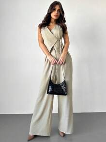 SHEIN Tall CURVE 2pcs/Set Plus Size Summer Casual Solid Color Camisole And Pants Set - Apricot - View 7