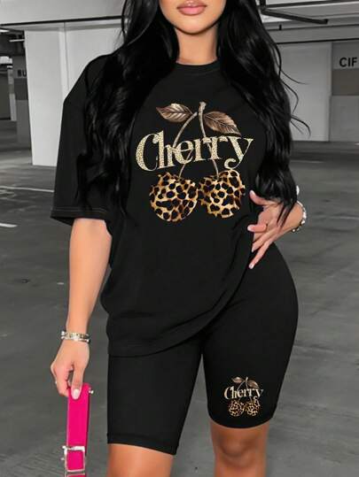 INAWLY Women's Letter & Leopard Cherry Print Short Sleeve T-Shirt And Biker Shorts 2-Piece Set, Summer