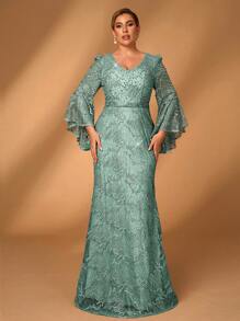 Serin Váy dài tay xẻ tà đuôi cá cổ chữ V màu hồng đậm thanh lịch & lãng mạn cỡ lớn kết hợp ngọc trai thêu cho mẹ - màu xanh lá - Xem 6