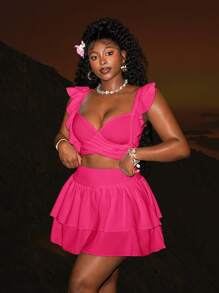 Slaydiva Asymmetrical Neck Sleeveless Pleated Cropped Top With Layered Ruffle Hem Mini Skirt Co-Ord Set Y2k - Hot Pink - View 4