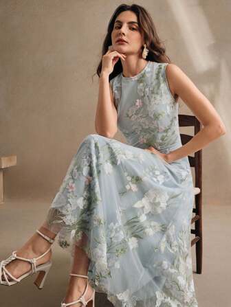 Anewsta 女士无袖刺绣花卉优雅连衣裙，适合春季、夏季、度假、节日、复活节、婚礼宾客