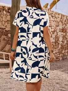 EMERY ROSE Vestido informal de verano con estampado geométrico y manga corta para mujer talla grande