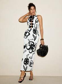 VALERIA GALIPOLI Vestido largo de verano elegante con estampado floral sin mangas, lazo y corte lápiz para mujer, ideal para vacaciones y playa