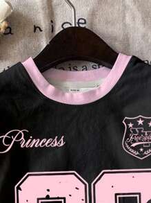 SHEIN 2pcs Sweet Bow & English Numeral 23 Print Young Girl Casual Short Sleeve Shorts Set, Suitable For Summer, Comfortable Casual Wear, Spring & Summer Street Style, Basics, Cozy Feel, Vacay Vibes