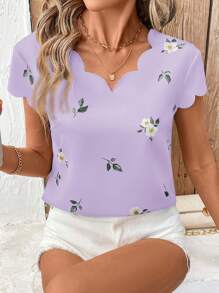 SHEIN Clasi Women Elegant V-Neck Shell Trim Green Floral Print Summer Blouse - Mauve Purple - View 4