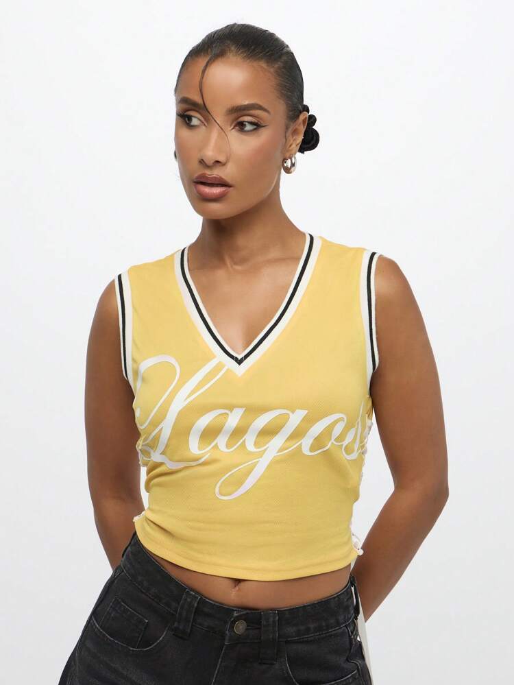 SUMWON WOMEN V Neck Logo Baseball Tank Top