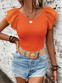 SHEIN Clasi 女士纯色圆领荷叶边短袖 T 恤 - 橘色 - 查看 3