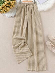 SHEIN LUNE Plus Size Women Striped Self-Tie Waist Wide Leg Casual Pants,Business Casual Woman - Coffee Brown - View 1