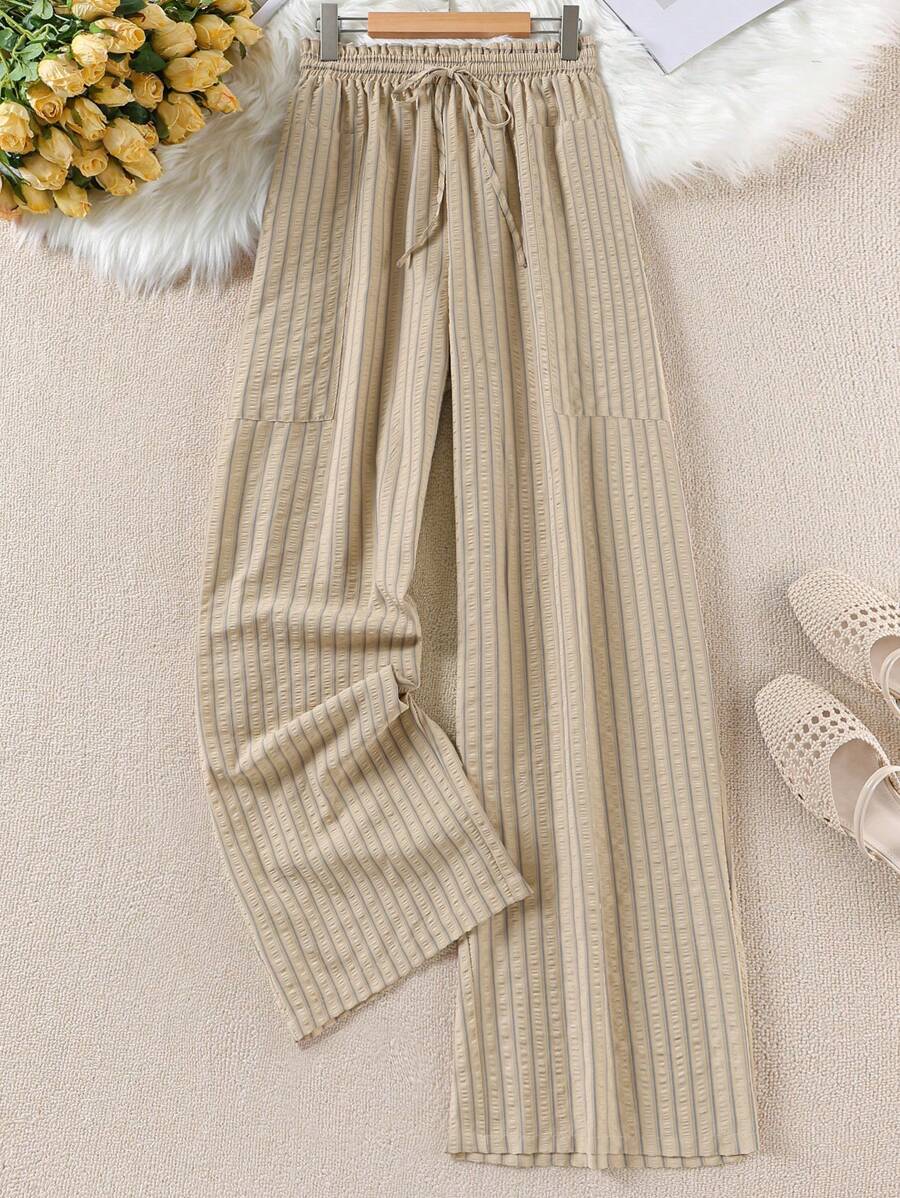 SHEIN LUNE Plus Size Women Striped Self-Tie Waist Wide Leg Casual Pants,Business Casual Woman - Coffee Brown - View 1