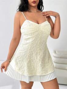 SHEIN EZwear Plus Size Slip-Dress With Bust Pleated Design, Two-Tone Cream Yellow & White, Cropped Length, Suitable For Vacation, Daily Wear, Date, Outing - Apricot - View 5