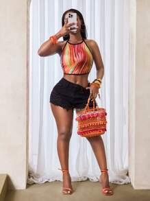 BamGleam Summer New Women's Color Gradient Short Crop Top With Sexy Backless Design, Perfect For Beach Vacations, Parties, Gatherings, And Daily Wear - Multicolor - View 1