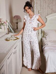 CottageSlumber 不对称荷叶边下摆浪漫碎花女式短袖上衣和裤子睡衣套装节日季 - 彩色 - 查看 6