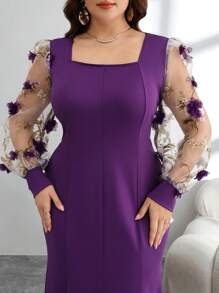 Modelyn Vestido midi de manga obispo con volumen en la cintura, bajo con abertura y bordados y patchwork, tela con textura, vestido elegante de oficina a fiesta cóctel de talla grande - Negro - Ver 1