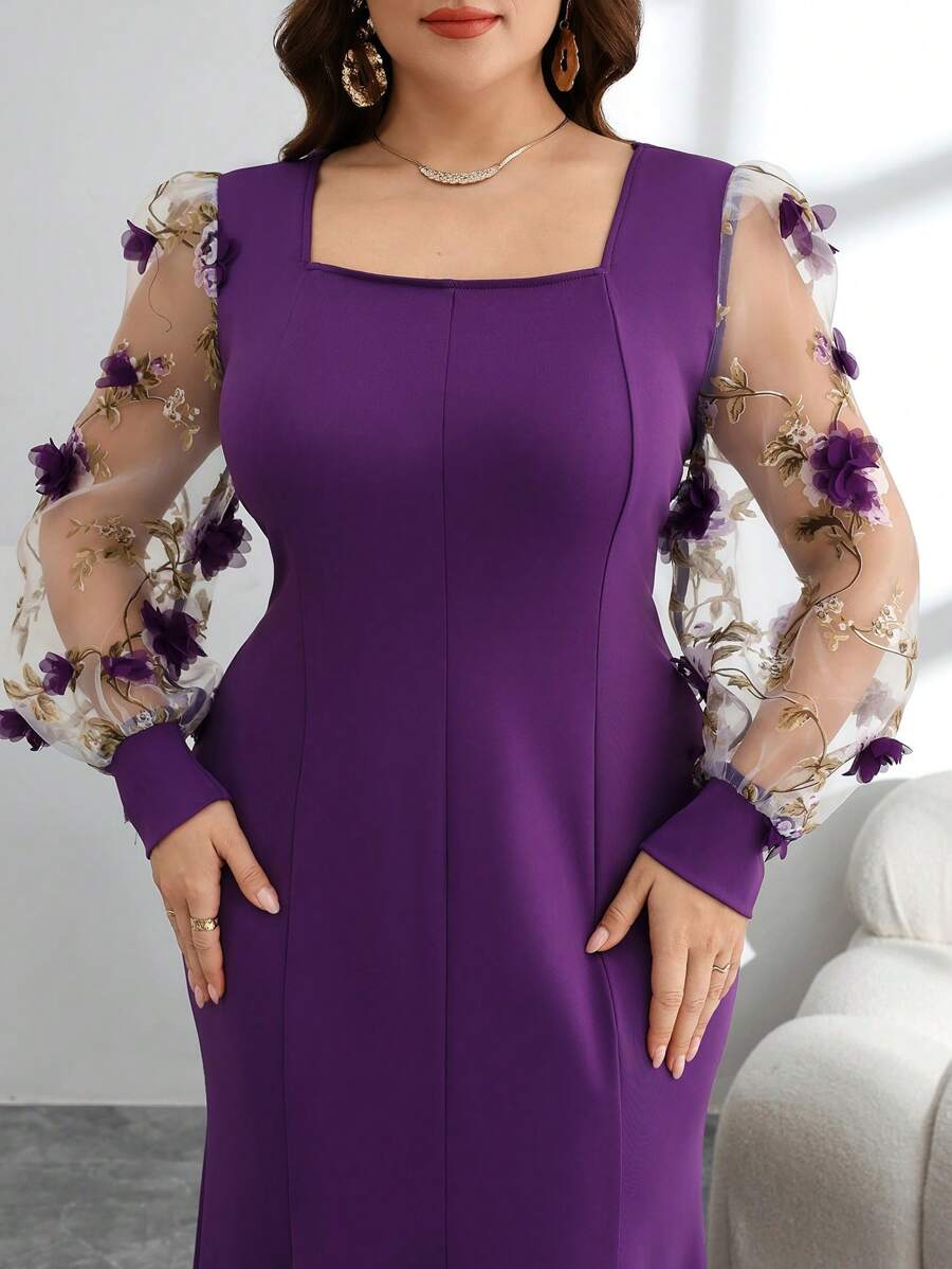 Modelyn Vestido midi de manga obispo con volumen en la cintura, bajo con abertura y bordados y patchwork, tela con textura, vestido elegante de oficina a fiesta cóctel de talla grande - Negro - Ver 1
