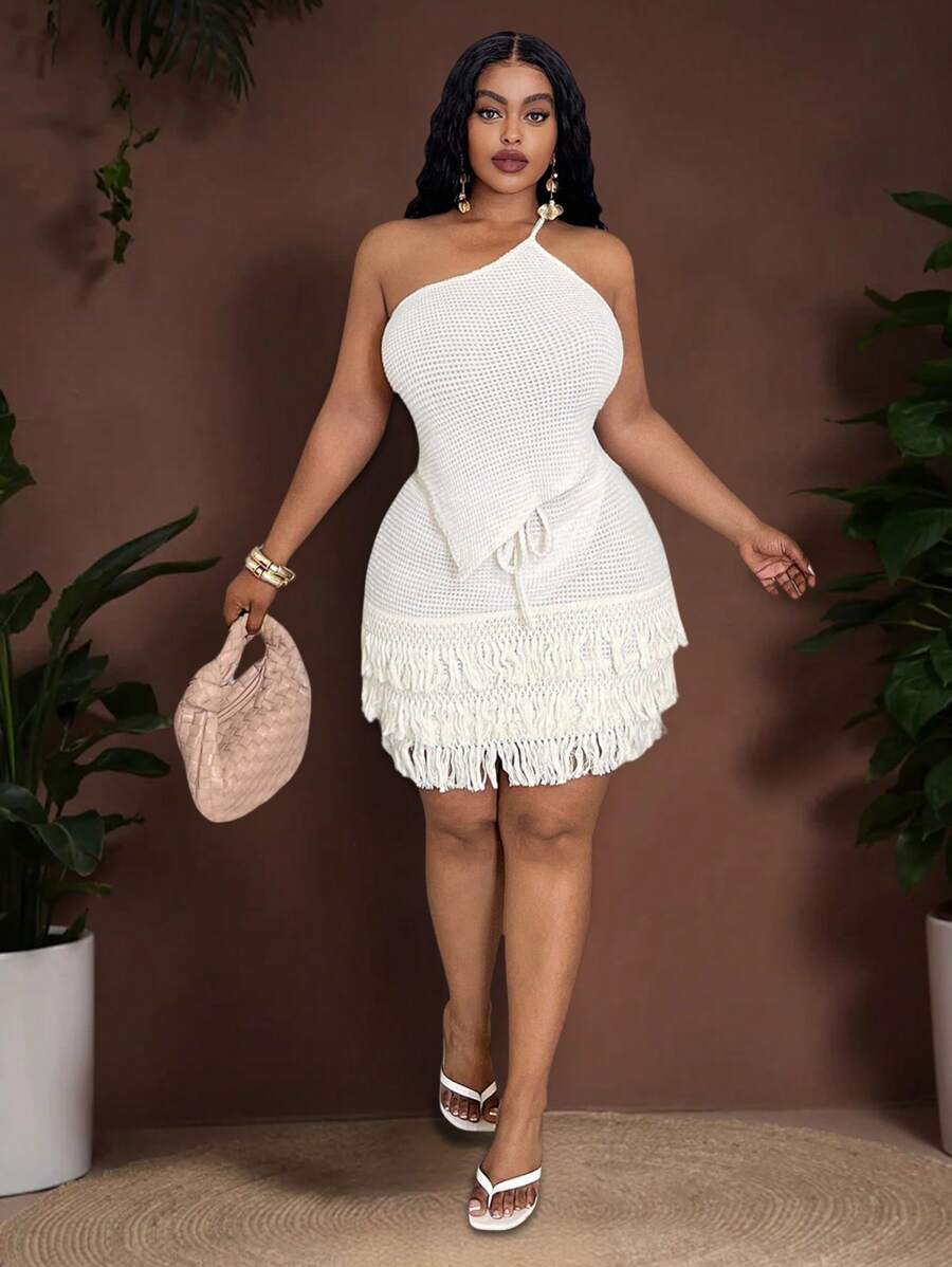 Slaydiva 2025 Summer New Music Festival, Easter, St. Patrick's Day, Western, Nomadic Style Dresses For Wedding, Birthday, Graduation, Student Wear, Casual, Vacation, Cruise Travel, Beach, Sunbathing, Popular Viral Designs, Spaghetti Strap, Sexy Backless, Tie, Fringe, Crochet, Mesh, Cream White, Plus Size 2pcs Set For Women - White - View 1