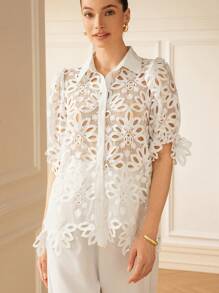 Aveloria Rosie 新款时尚法式水溶镂空刺绣性感透明简约女式衬衫 - 白色 - 查看 3