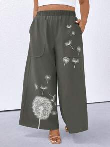EMERY ROSE Plus Size Women Dandelion Print Elastic Waist Pockets Wide Leg Casual Pants - Army Green - View 6
