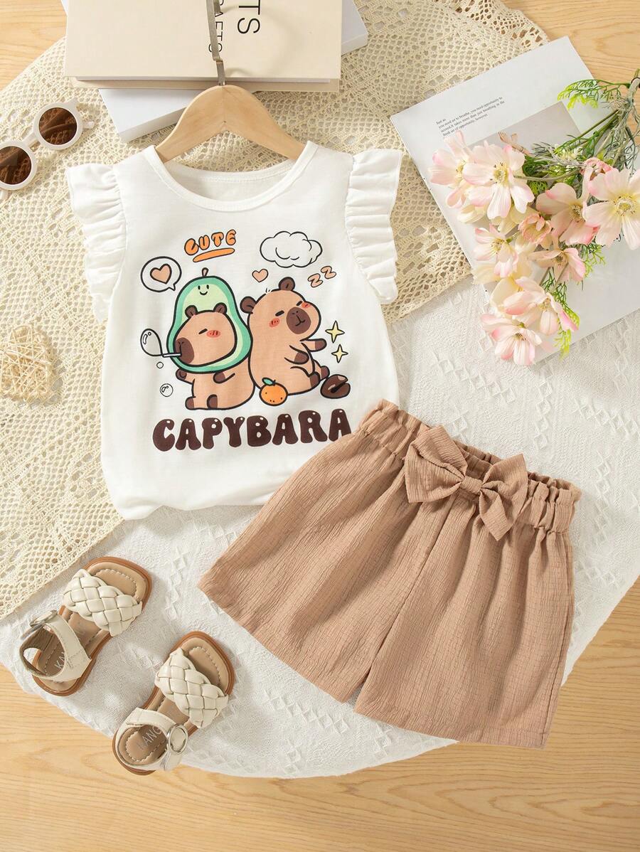 Genkimix Kids 女孩情人节两件套，荷叶边领印花 T 恤和直筒松紧腰短裤，休闲夏装