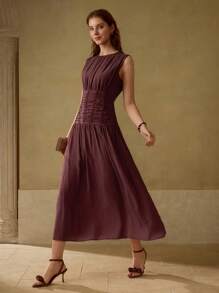 MOTF PREMIUM 女士休闲纯色褶皱腰无袖中长连衣裙，夏季 - 酒紅色 - 查看 5