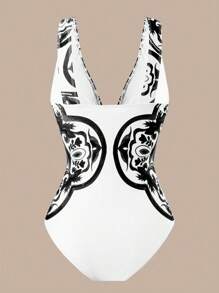 Swim Oasis Set de 3 piezas 2025 Nuevo diseño de traje de baño de una sola pieza con estampado de posicionamiento, falda y pantalones largos de malla para mujer, conjunto informal de playa de verano - Blanco y Negro - Ver 4