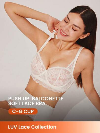 LUVLETTE 女士内衣休闲曲线半罩杯聚拢透气钢圈性感无衬里白色蕾丝优雅网眼迷你文胸新娘内衣