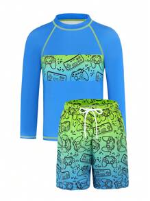 SHEIN 2 件套青少年男童电子游戏图案印花泳衣（含沙滩短裤）夏季沙滩装 - 彩色 - 查看 3