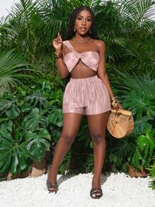 Slaydiva 全新两件套休闲度假褶皱面料细肩带背心和短裤 - 粉色 - 查看 6