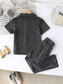 SHEIN 2pcs/Set Toddler Boys Cute Casual Sports Striped Print Half-Placket Polo Shirt And Solid Color Sports Long Pants, Suitable For Daily Wear, School, Outdoor, Dining, Summer Camp, Spring/Summer - Grey - View 2